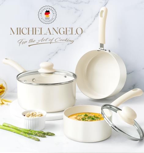 MICHELANGELO Nonstick Saucepan with Lid, Ceramic Sauce Pan Sets, Easy to Clean Sauce Pans, Multi-Purpose Cooking Pots, 1QT, White