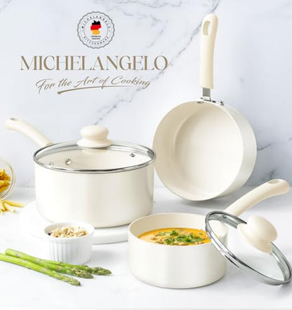MICHELANGELO Nonstick Saucepan with Lid, Ceramic Sauce Pan Sets, Easy to Clean Sauce Pans, Multi-Purpose Cooking Pots, 1QT, White