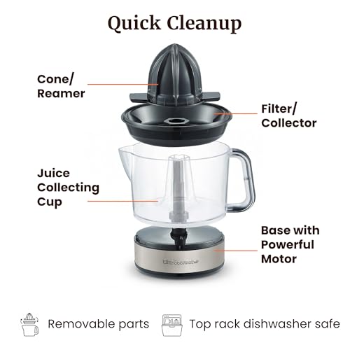 Elite Gourmet ETS623 BPA-Free 40-Watt Electric Citrus Juicer, Compact, Large Volume, Pulp Control, Oranges, Lemons, Limes, Grapefruits with Easy Pour Spout, 24oz, Black/Stainless Steel