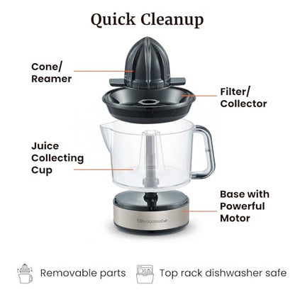 Elite Gourmet ETS623 BPA-Free 40-Watt Electric Citrus Juicer, Compact, Large Volume, Pulp Control, Oranges, Lemons, Limes, Grapefruits with Easy Pour Spout, 24oz, Black/Stainless Steel