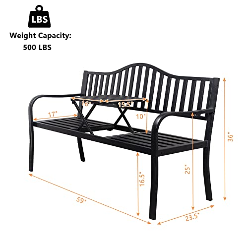 VINGLI 59" Outdoor Metal Bench Patio Bench with Built in Table Park Bench Garden Bench, Outside Benches Weather Proof Front Porch Bench for Yard Lawn Decor Deck