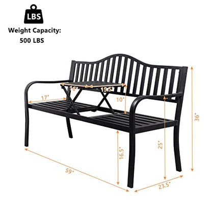 VINGLI 59" Outdoor Metal Bench Patio Bench with Built in Table Park Bench Garden Bench, Outside Benches Weather Proof Front Porch Bench for Yard Lawn Decor Deck