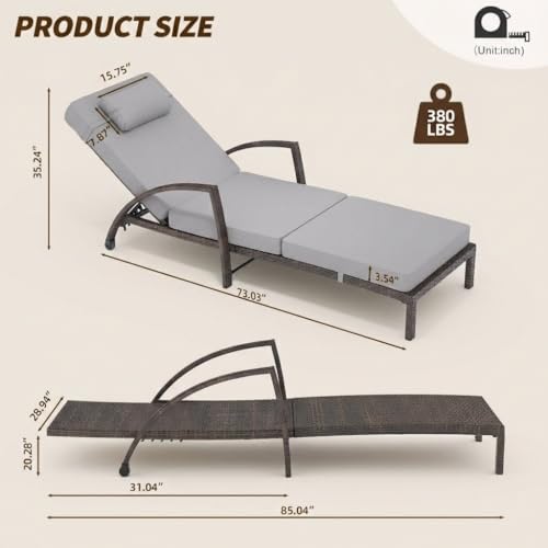 Garvee Outdoor Chaise Lounge Set of 2, 5-Position Adjustable PE Wicker Reclining Chairs with Wheels & 3.5" Cushions, 400 lbs Capacity All-Weather Patio Furniture for Poolside, Garden, Beach(Gray)