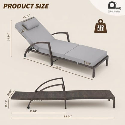 Garvee Outdoor Chaise Lounge Set of 2, 5-Position Adjustable PE Wicker Reclining Chairs with Wheels & 3.5" Cushions, 400 lbs Capacity All-Weather Patio Furniture for Poolside, Garden, Beach(Gray)