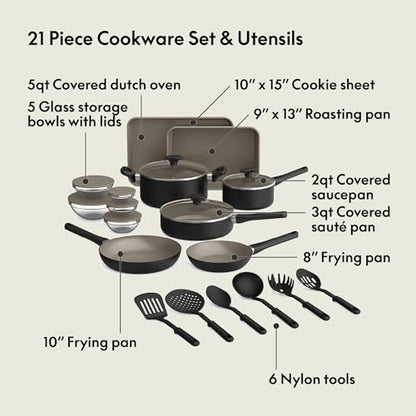 bella 21 Piece Kitchen Set with EverGood™ Ceramic Nonstick Coating, Dishwasher & Oven Safe, All Stovetops Compatible, Tempered Glass Lids & Cool Touch Handles, Black