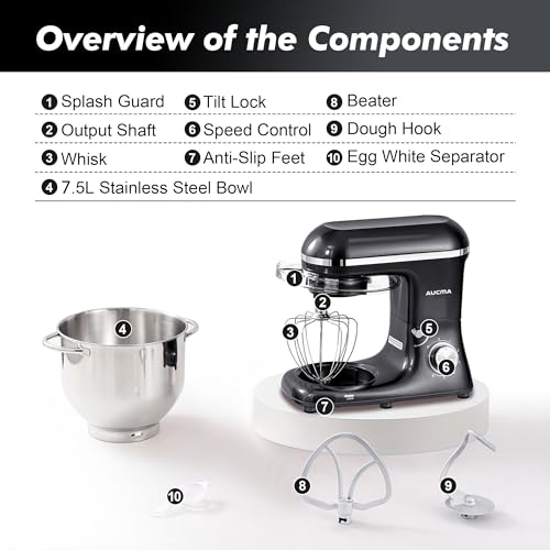 Aucma Stand Mixer,8QT 900W 6-Speed Tilt-Head Food Mixer, Kitchen Electric Mixer with Dough Hook, Wire Whip & Beater (Black, 8QT)