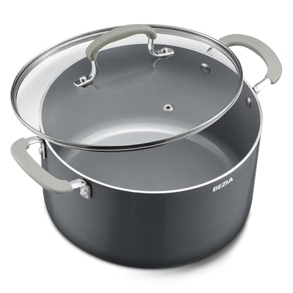 8 Quart Nonstick Stock Pot with Lid - BEZIA Ceramic Large Soup Pot for Family Cooking, Induction Ready, Stay-Cool Silicone Handles, Easy Cleanup, Perfect for Stews, Pasta & Batch Cooking
