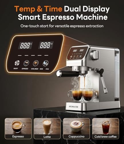 Aromaster Espresso Machine 20 Bar with Milk Frother, Easy to Use Compact Espresso Maker with Touchscreen, Fast Heat 1400W for Latte & Cappuccino, Stainless Steel Coffee Machine for Home & Office