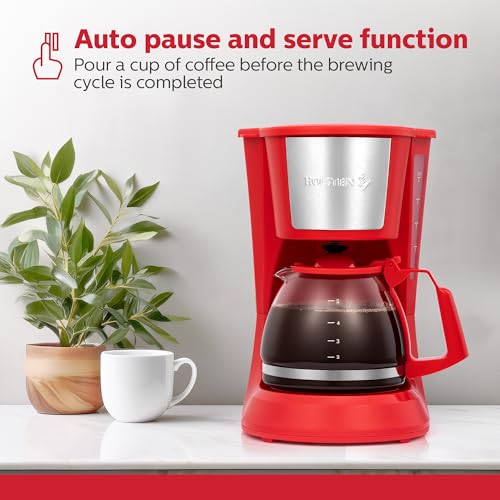 Holstein Housewares 5 Cup Drip Coffee Maker – Compact and User-Friendly with Auto Pause & Serve, Reusable Filter, Measuring Spoon & Glass Carafe, Office & Dorm Use, Red