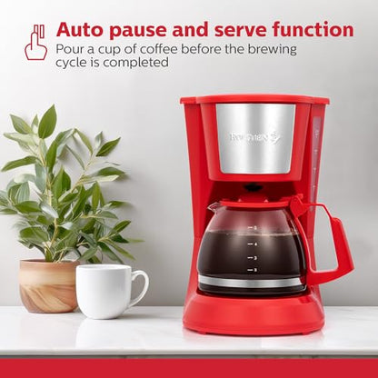 Holstein Housewares 5 Cup Drip Coffee Maker – Compact and User-Friendly with Auto Pause & Serve, Reusable Filter, Measuring Spoon & Glass Carafe, Office & Dorm Use, Red