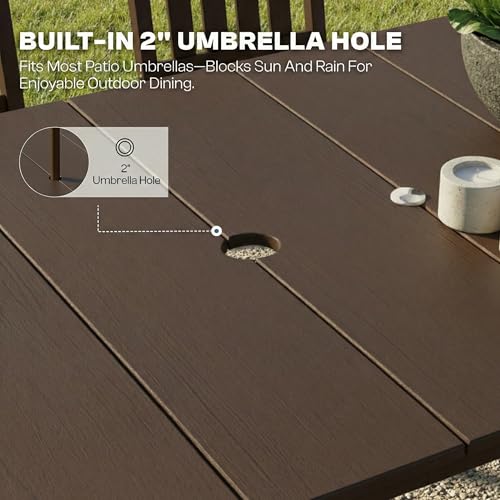 Patio Kingdom 9-Piece Outdoor Dining Set for 8, 75.2" HDPE Table with Umbrella Hole & 8 Chairs, All-Weather Patio Furniture for Lawn, Yard, Deck, or Poolside, Fade & Crack Resistant (Brown)