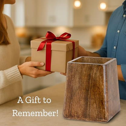 Mie Creations Rustic 7'' Large Utensil Holder Crock for Kitchen Countertop | Thanksgiving Christmas Utensils Crock, Wooden Square Spatula Organizer Caddy for Party, Cooking Counter Decor- Dark Brown