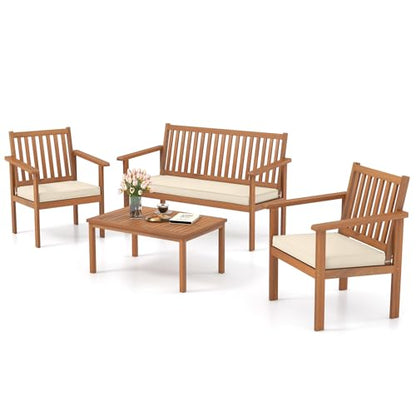 Tangkula 4 Piece Patio Wood Furniture Set, Acacia Wood Sofa Set w/Loveseat, 2 Chairs & Coffee Table, Soft Seat Cushions, Outdoor Wood Furniture Set for Porch, Yard, Balcony (Off White), OneSize