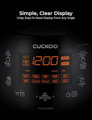 CUCKOO High Pressure Rice Cooker 6-Cup Uncooked / 12-Cup Cooked with Nonstick Inner Pot, Versatile Rice Maker with 12 Menu Options and Steam Plate, Fuzzy Logic Tech, Voice Guide, Black (CRP-P0609S)