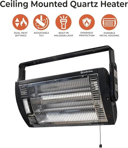 Comfort Zone 1500W Ceiling Mounted Dual Quartz Radiant Heater – Infrared Workshop Heater with 90° Adjustable Tilt, Built-in Halogen Light & Pull String Control – Overheat Protection, Black