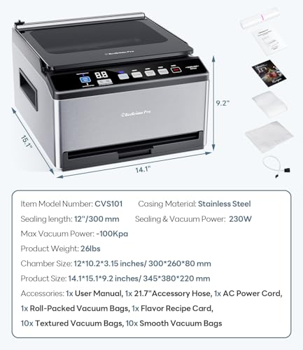 DualCore CVS101 Large Chamber Vacuum Sealer for Wet Foods, Dual Work Areas & Extra-Wide Bag Clamp, Meats & Marinades, 230W Dual-Core Dry Pump x4, 11.8-inch Max Bag Width Packing Machine for Home Use