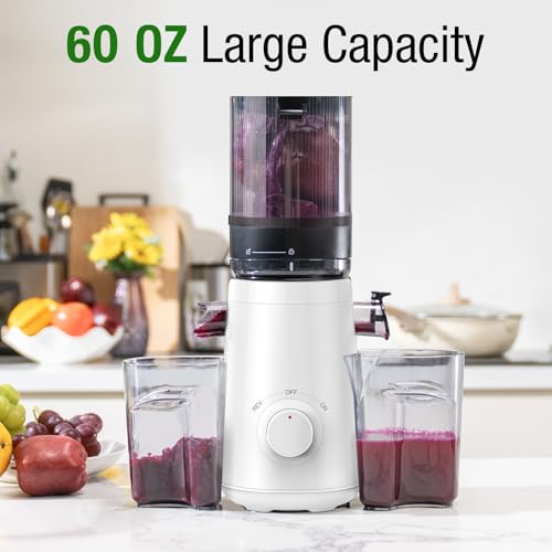 TUUMIIST Cold Press Juicer Machine, 5.8 Inch Extra Large Feed Chute for Whole Fruits, Easy to Clean Slow Juicer, High Yield, BPA Free - Classic White