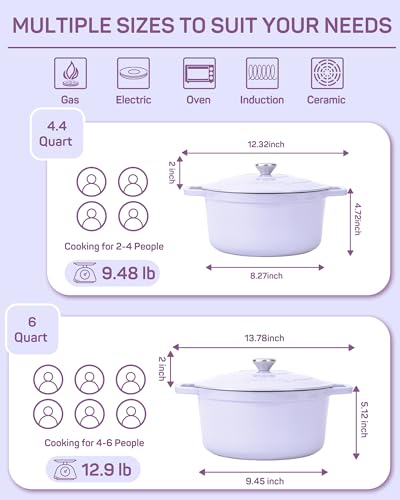 Ciwete Enameled Cast Iron Dutch Oven – 4.4 Quart Pot with Lid & Potholders – Heavy-Duty Cookware for Bread Baking, Braising, Stews & Roasting – Oven & Stovetop Safe up to 500°F – Purple