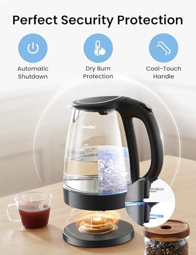 COMFEE' Electric Kettle, 1.7L Hot Water Boiler, 1500W Fast Boil, Glass Electric Tea Kettle with LED Indicator, Auto Shut-Off and Boil-Dry Protection, BPA Free