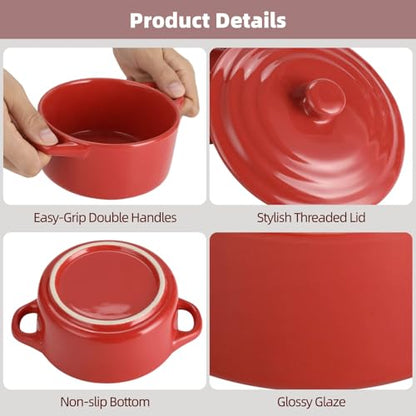 4 Pcs Red Ceramic Small Cocotte Set, 5.3 x 3.1 in Small Ramekins with Lids & Handles, 10.1 Fl Oz Dutch Oven Safe Ceramic Bowls for Steaming, Baking, Desserts, Food