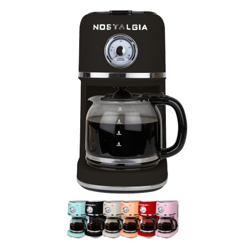 Nostalgia Classic Retro 10 Cup Coffee Maker - One-Touch Drip Brew, Reusable Filter - Anti-Drip, Auto Shutoff, & Time Display - Dishwasher Safe 50 oz Carafe - Black