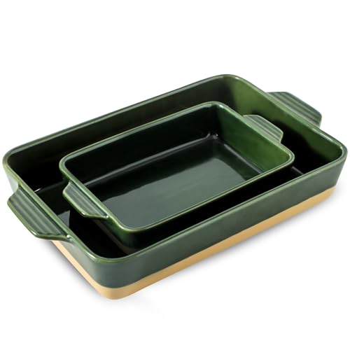 Howise Ceramic Baking Casserole Dish with Handles, Large 9x13 inch Pan and Middle Baking Pan - Porcelain Serving Bakeware Set (Forest Green)