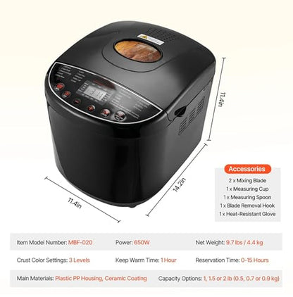 Bread Maker, 19-in-1 2LB Dough Machine, Nonstick Ceramic Pan Automatic Breadmaker with Gluten Free Setting, Automatic Compact Dough Machine Nonstick,Digital,3 Loaf Sizes, 2 Crust Colors, Black