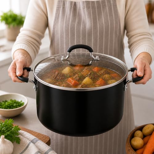 Alpine Cuisine 10Qt Aluminum High Stock Pot with Glass Lid, Nonstick Black Coated Cooking Pot, Large Capacity Soup & Pasta Pot with Handles, Durable & Lightweight Cookware for Family Meals