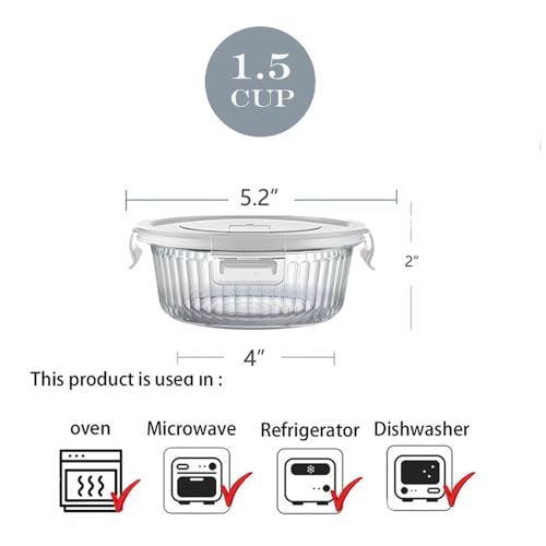 H.JSS WDJS 1.5 cup Round Glass Food Storage Containers with Lids, 12oz Small Glass Meal Prep Containers set, Heat-Resistant BPA-Free Round food bowl for Leftover. Microwave, Dishwasher & Freezer Safe