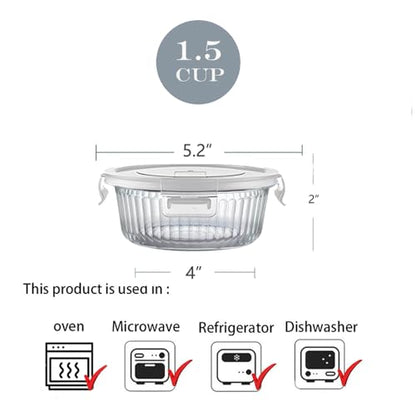 H.JSS WDJS 1.5 cup Round Glass Food Storage Containers with Lids, 12oz Small Glass Meal Prep Containers set, Heat-Resistant BPA-Free Round food bowl for Leftover. Microwave, Dishwasher & Freezer Safe