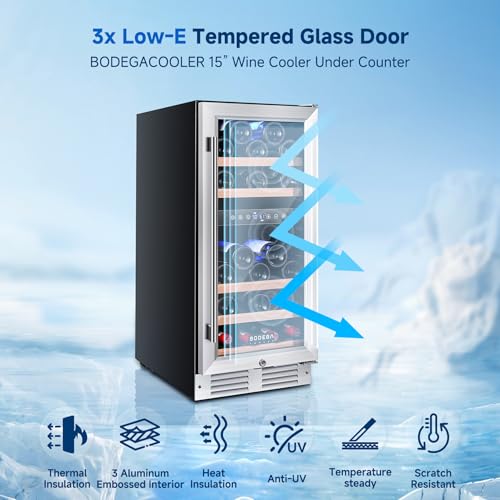 BODEGA 15 Inch Wine Fridge, 30 Bottle Dual Zone Wine Cooler, 41-72℉ Compressor Wine Refrigerator with Tempered Glass Door, Built-in or Freestanding Wine Cooler for Home Kitchen Bar (3.2 cu.ft).