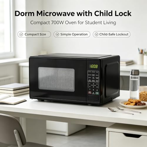 0.7 Cu Ft 700W Compact Countertop Microwave Oven Black Small Microwave with Turntable Defrost Child Lock for Kitchen Dorm Office