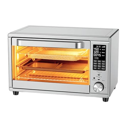 OLIXIS Toaster Oven Countertop, 29.6QT Air Fryer Toaster Oven Combo, 12-in-1 with Smart Probe, Broil, Bake, Toast & Specialized Presets, Temp Up to 450°F, 6 Accessories Included, Stainless Steel