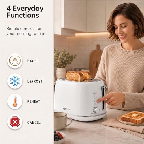 Keenstone 2 Slice Toaster, Retro Stainless Steel Kitchen Essentials, White