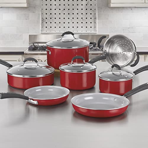 Cuisinart 54C-11R 11-Piece Ceramica XT Nonstick Cookware Set, Red/Stainless Steel