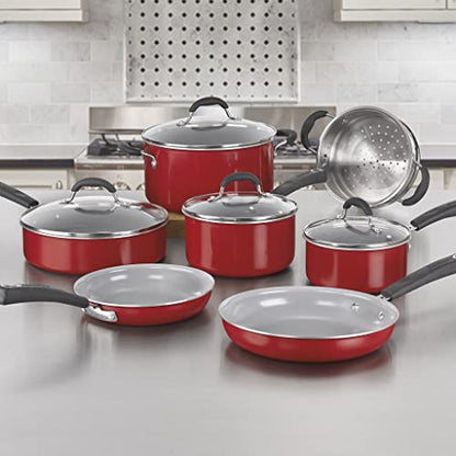 Cuisinart 54C-11R 11-Piece Ceramica XT Nonstick Cookware Set, Red/Stainless Steel