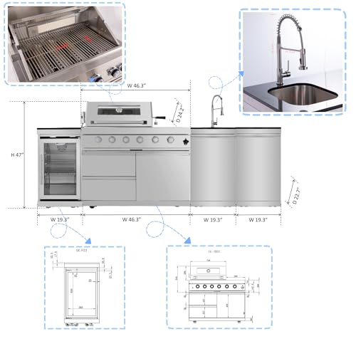 Modular Outdoor Kitchen BBQ Island, 104" Outdoor Kitchen Propane Gas Island Grill with Sink, Compact Refrigerator, Storage Cabinets, Rotisserie Kit (Silver, 104")