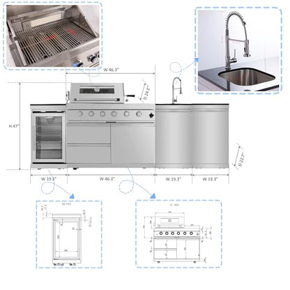 Modular Outdoor Kitchen BBQ Island, 104" Outdoor Kitchen Propane Gas Island Grill with Sink, Compact Refrigerator, Storage Cabinets, Rotisserie Kit (Silver, 104")