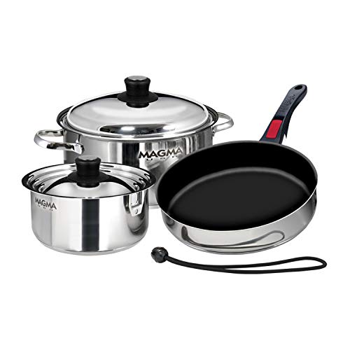 Magma 7 Piece Gourmet Nesting Stainless Steel Cookware Set with Ceramica Non-Stick, Induction Compatible, Oven Safe to 500°F - Suitable for All Stovetops, Removable Handles, Stainless Steel