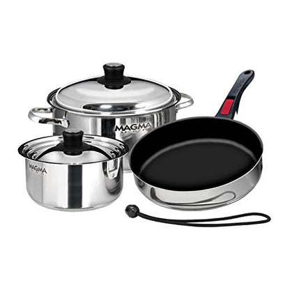 Magma 7 Piece Gourmet Nesting Stainless Steel Cookware Set with Ceramica Non-Stick, Induction Compatible, Oven Safe to 500°F - Suitable for All Stovetops, Removable Handles, Stainless Steel