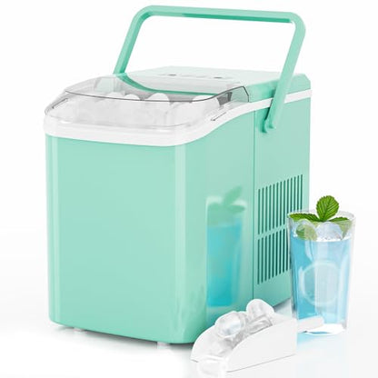 KMFurnila Ice Makers Countertop, Portable Ice Machine with Handle, 6 Mins 9 Bullet Cubes with Basket and Scoop, 26lbs in 24Hrs, Auto-Cleaning, for Home, Kitchen, RV, Camping, Green