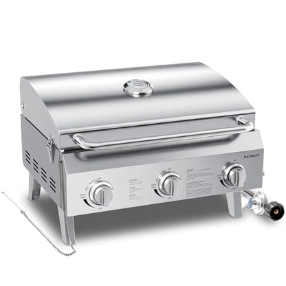 Tabletop Gas Grill 3-Burner, 22-inch Portable Propane Grill, 30,000 BTUs Stainless Steel Grill with Foldable Legs, Ideal for BBQ, Camping, Patio, Backyard, Tailgate, and Holiday Gatherings
