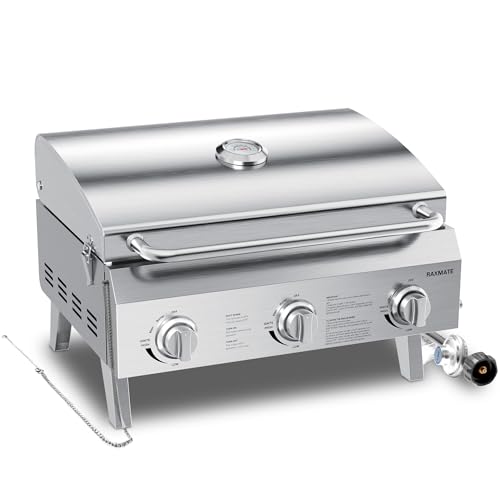 Tabletop Gas Grill 3-Burner, 22-inch Portable Propane Grill, 30,000 BTUs Stainless Steel Grill with Foldable Legs, Ideal for BBQ, Camping, Patio, Backyard, Tailgate, and Holiday Gatherings