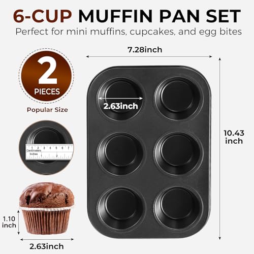 HULBy Muffin Pan 2-Pack, 6-Cup Cupcake Pans and Muffin Tins with Nonstick Coating, 10.43"x7.28"x1.1" with 2.56" Cups, for Muffins, Cupcakes, Brownies, Cheesecake, Carbon Steel, Easy Clean, Oven Safe