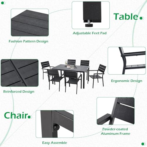 AECOJOY 7 Piece Outdoor Dining Set, 60" x 36" Aluminum Patio Table and Chairs Set for 6 with Rectangular Table and Stackable Chairs for Garden, Backyard, Black