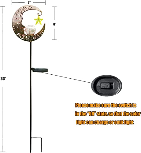 Hapjoy Solar Lights Outdoor Decor Moon Lantern for Patio,Lawn or Pathway Moon Decorations Crackle Glass Globe Stake Metal Lights Waterproof Warm LED Garden Gifts (Bronze)