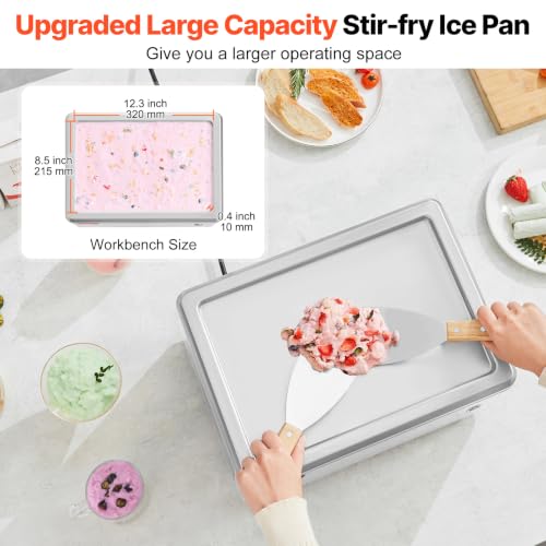 VEVOR Fried Ice Cream Machine, 12.6" x 8.5" 120W Stir-Fried Ice Cream Roll Maker with Compressor and 2 Scrapers, for Making Dessert Rolls, Frozen Yogurt