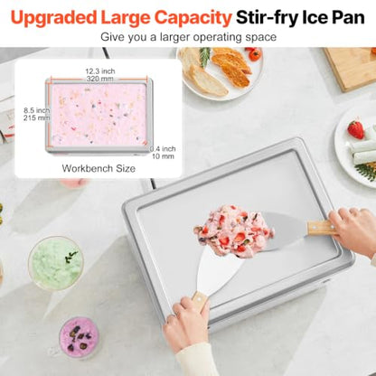VEVOR Fried Ice Cream Machine, 12.6" x 8.5" 120W Stir-Fried Ice Cream Roll Maker with Compressor and 2 Scrapers, for Making Dessert Rolls, Frozen Yogurt