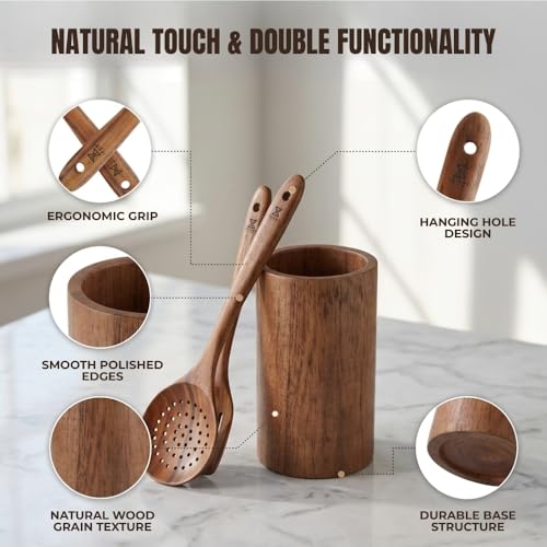 10 Pcs Wooden Utensil Set, 100% Natural Teak Wood Cooking Utensils with Spatula, Turner, Spoon Rest & Holder, Heat Resistant, Lightweight Wooden Spoons for Cooking, Safe for Nonstick Cookware