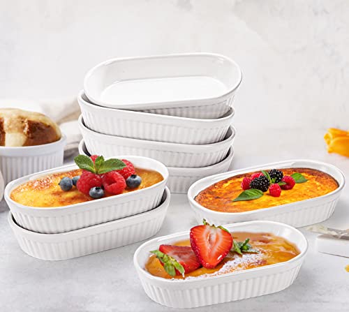 Foraineam 10 Pack White Ramekins, Porcelain Souffle Dishes, Oval Crème Brulée Ramekins for Baking, 6 Ounce Dessert Bowls Set for Soufflé, Pudding, Quiche, Snack, Custard, Dishwasher and Oven Safe